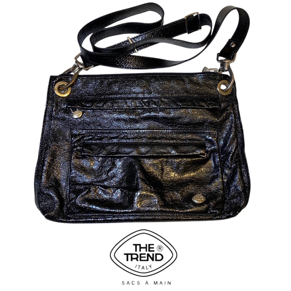 The Trend Black Crackled Patent Genuine Leather Crossbody Bag